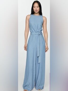 Mango Lyocel Sleeveless Light Blue Wide-Leg Jumpsuit *Missing  Waist Tie*
